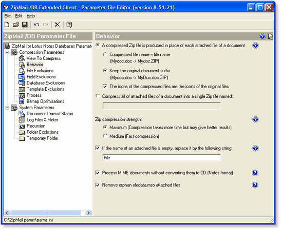 ZipMail /DB Extended Client - Editor for the compression process parameters